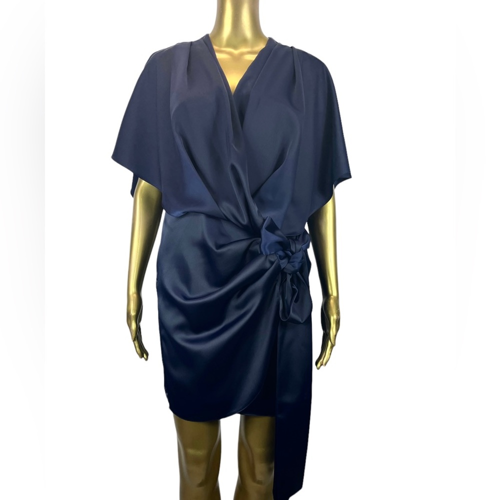 ASOS Wrap Mini Dress Size 6 Navy Blue Polyester Satin Flutter Sleeve Party Date